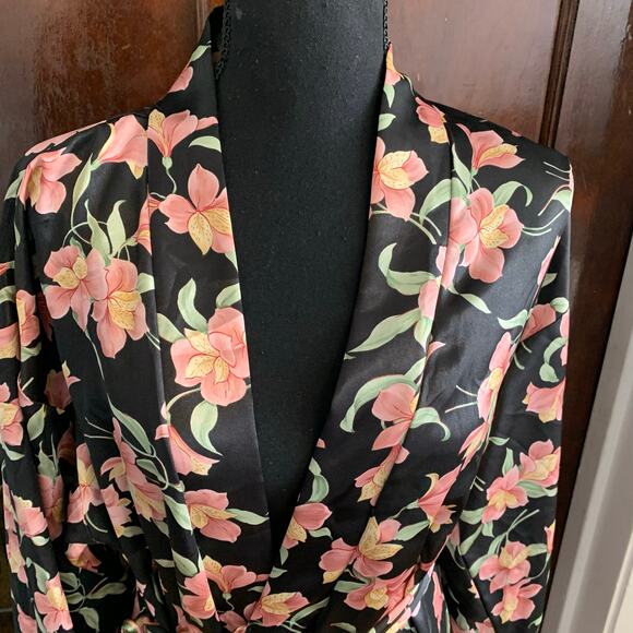 Vintage Dentelle Satin Floral Robe Black Pink Green Loungewear Resortwear SMALL - Picture 12 of 15